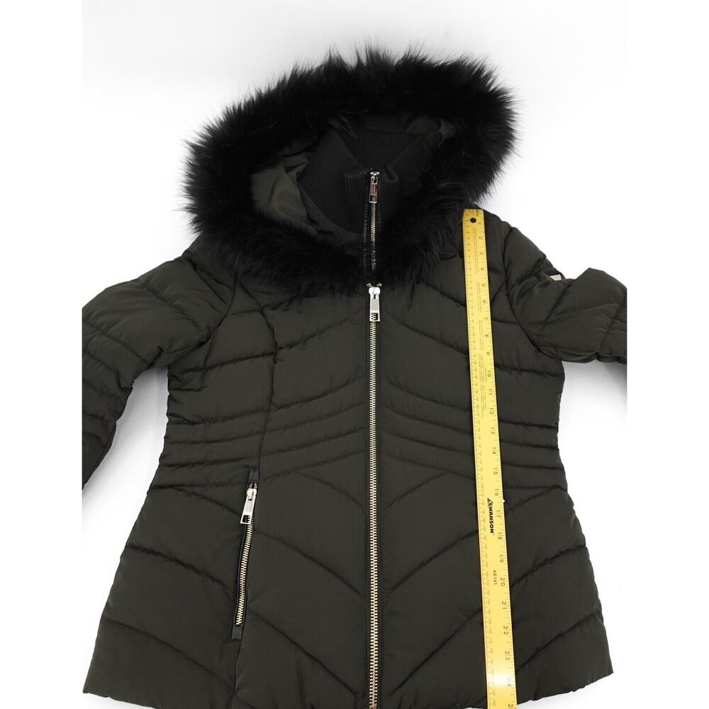 GUESS Jacket Womens Large Green Puffer Hood Faux Fur Trim Zip Pockets Warm - Picture 6 of 16